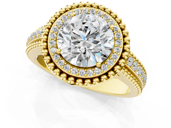 Yellow Gold Round Beaded Halo Engagement Ring Setting with Pave