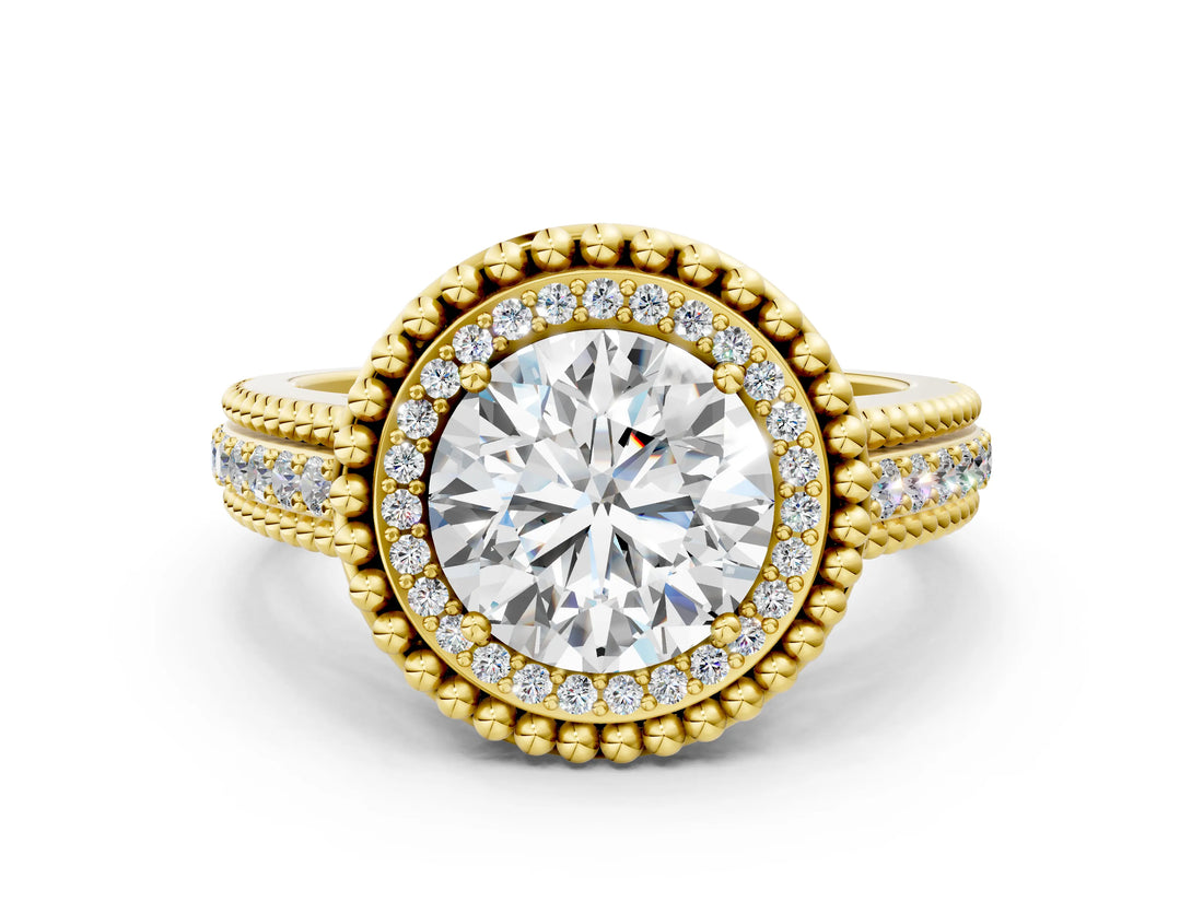 Yellow gold Round Halo Diamond Ring with Beaded Split Shank and Four-Prong Setting_6