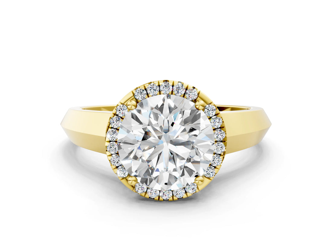 Yellow gold Round Halo Diamond Ring with Cathedral Band and Four-Prong Setting_62