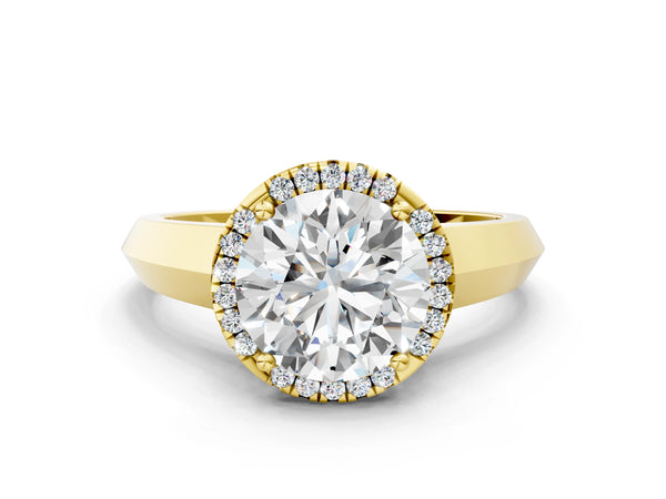 Yellow gold Round Halo Diamond Ring with Cathedral Band and Four-Prong Setting