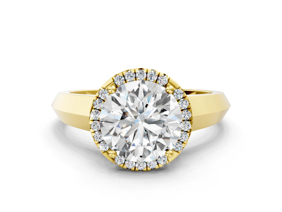 Yellow gold Round Halo Diamond Ring with Cathedral Band and Four-Prong Setting