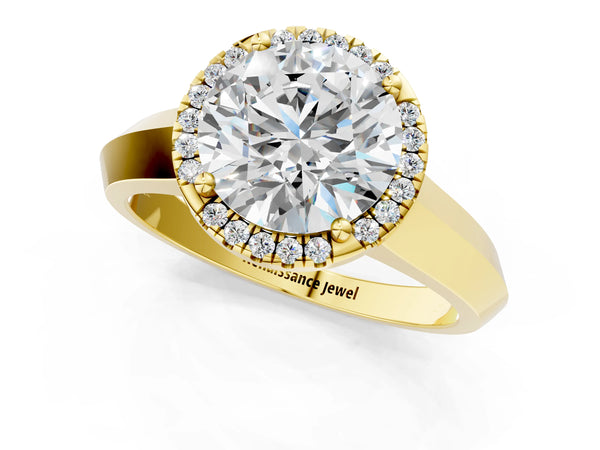 Yellow gold Round Halo Diamond Ring with Cathedral Band and Four-Prong Setting