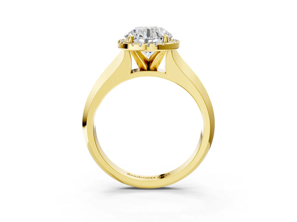 Yellow gold Round Halo Diamond Ring with Cathedral Band and Four-Prong Setting