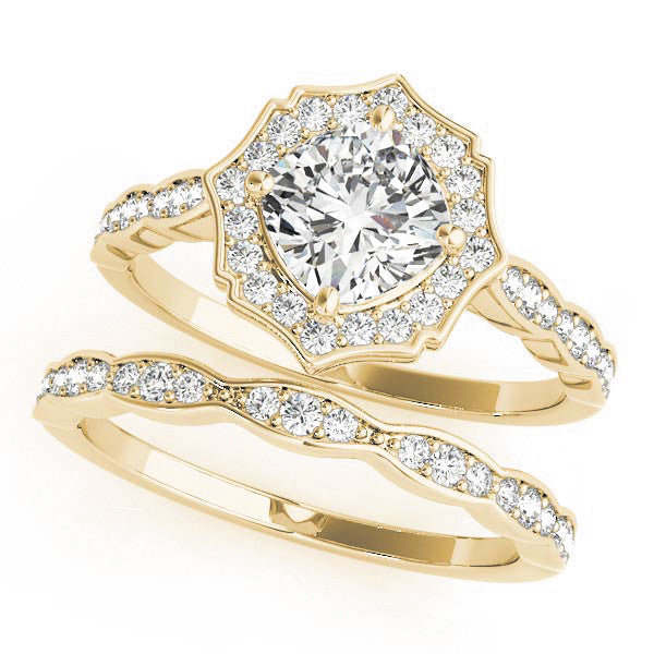 Yellow gold Round Halo Diamond Ring with Milgrain Band and Four-Prong Setting 1