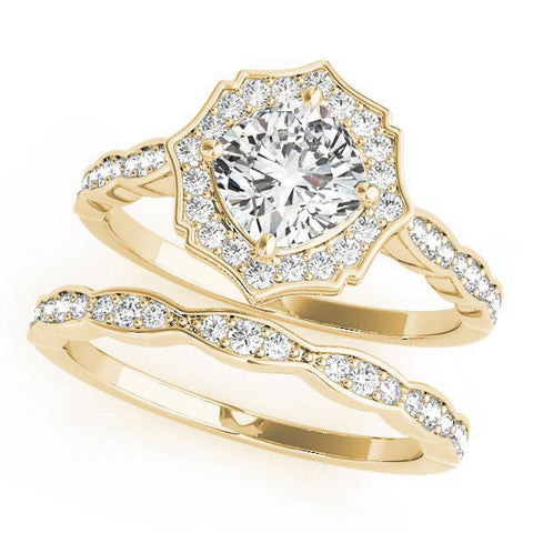 Yellow gold Round Halo Diamond Ring with Milgrain Band and Four-Prong Setting 1
