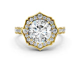 Yellow gold Round Halo Diamond Ring with Milgrain Band and Four-Prong Setting_6