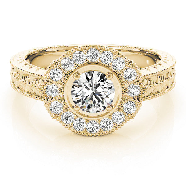 Yellow gold Round Halo Diamond Ring with Milgrain Bezel and Prong Setting 1