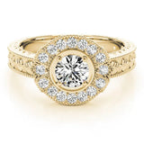 Yellow gold Round Halo Diamond Ring with Milgrain Bezel and Prong Setting 1