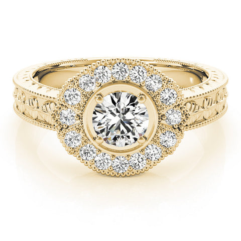 Yellow gold Round Halo Diamond Ring with Milgrain Bezel and Prong Setting 1