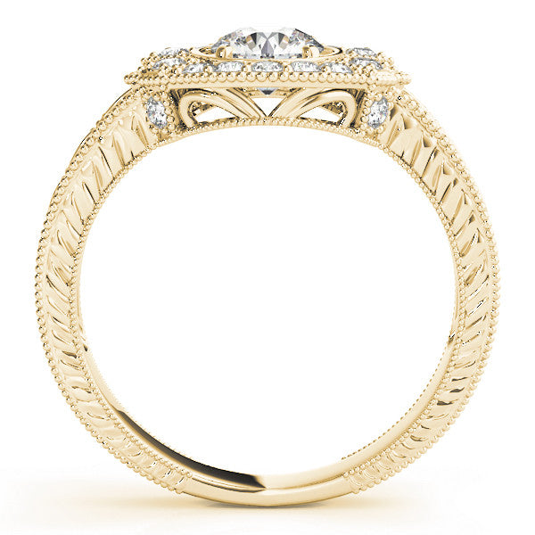 Yellow gold Round Halo Diamond Ring with Milgrain Bezel and Prong Setting 2