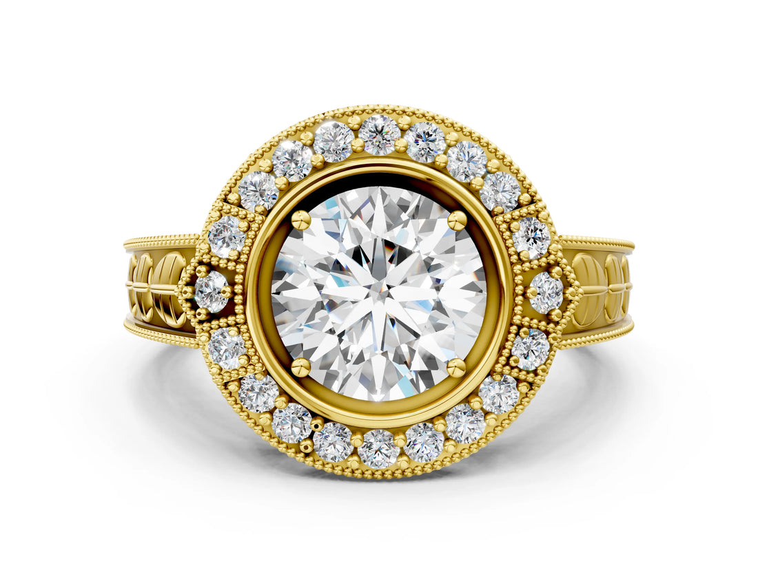 Yellow gold Round Halo Diamond Ring with Milgrain Bezel and Prong Setting_6