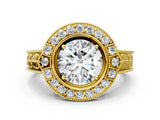 Yellow gold Round Halo Diamond Ring with Milgrain Bezel and Prong Setting_6