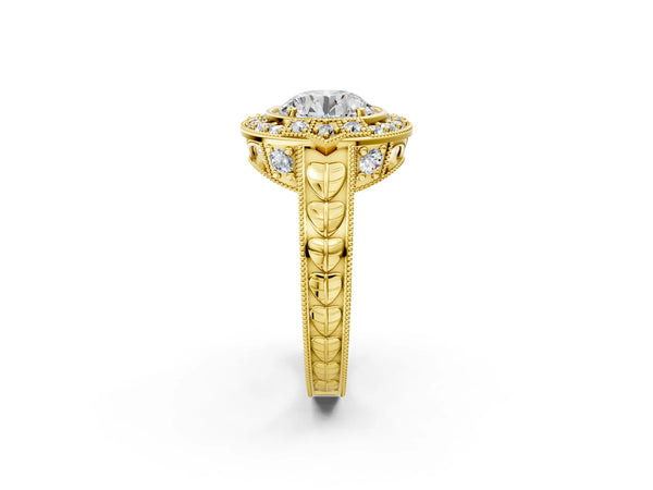 Yellow Gold Round Art Deco Halo Engagement Ring Setting with Pave Side Panels and Milgrain Band