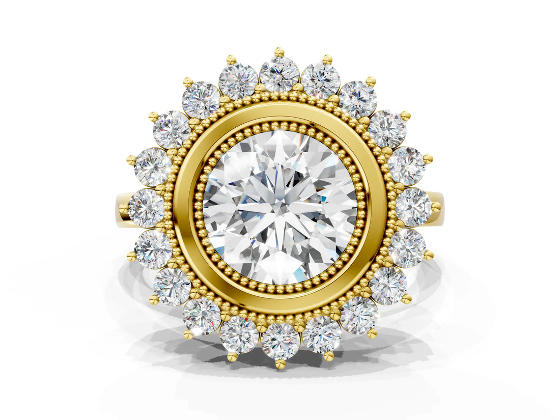 Yellow gold Round Halo Diamond Ring with Milgrain Edge and Round Prong Setting_26