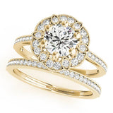 Yellow gold Round Halo Diamond Ring with Milgrain Pave Band and Prong Setting 1