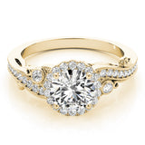 Yellow gold Round Halo Diamond Ring with Milgrain and Bezel Accents on a Split Shank Band 1