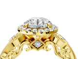 Yellow gold Round Halo Diamond Ring with Milgrain and Bezel Accents on a Split Shank Band_11