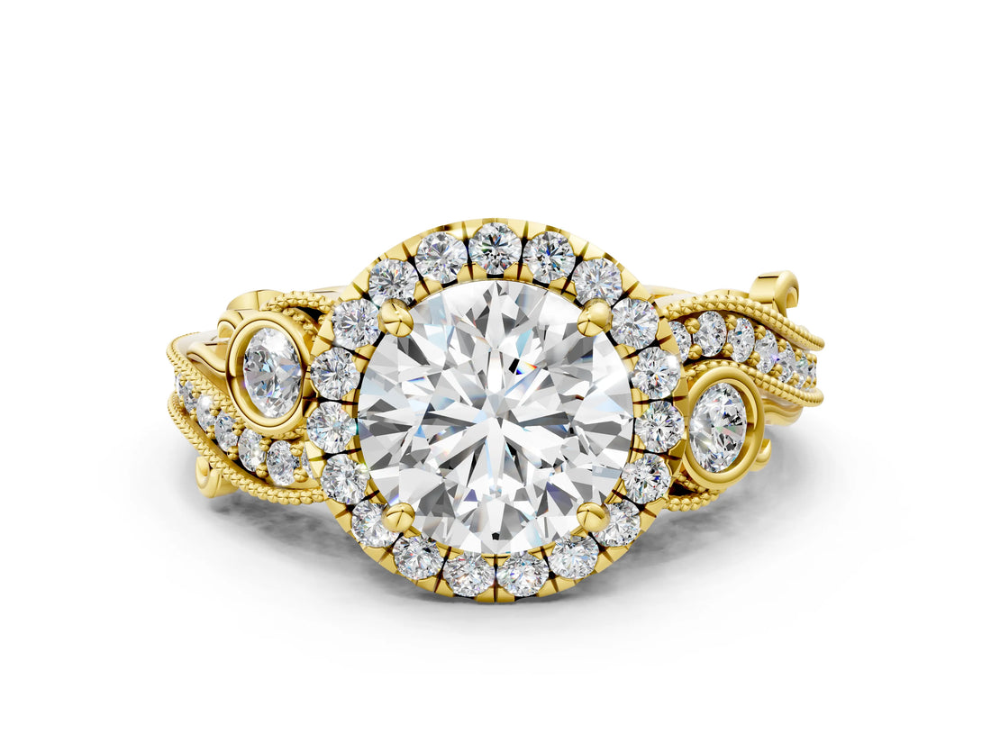 Yellow gold Round Halo Diamond Ring with Milgrain and Bezel Accents on a Split Shank Band_15