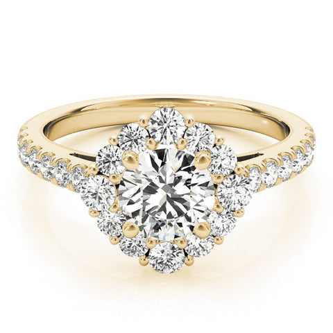 Yellow gold Round Halo Diamond Ring with Pavé Band and Four-Prong Setting 1
