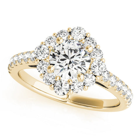 Yellow gold Round Halo Diamond Ring with Pavé Band and Four-Prong Setting