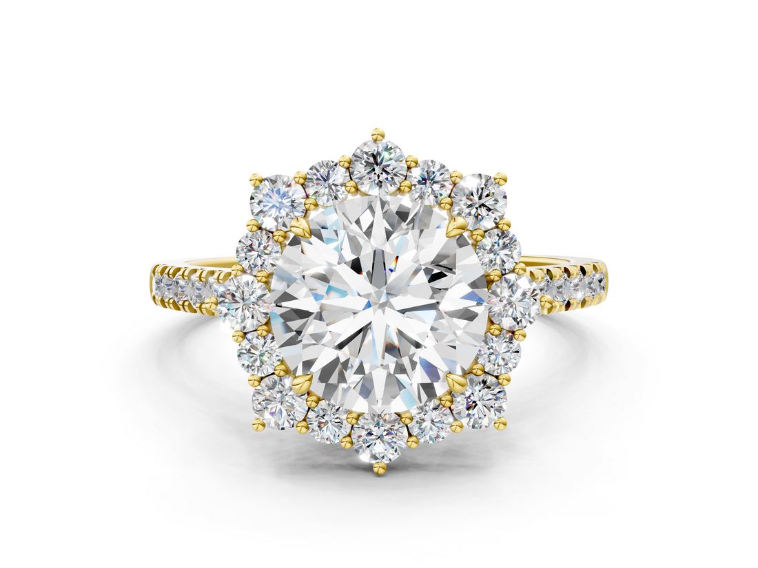 Yellow gold Round Halo Diamond Ring with Pavé Band and Prong Setting_35