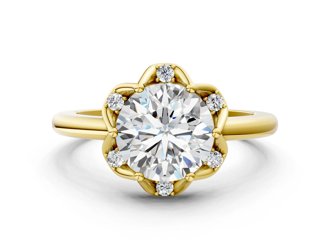 Yellow gold Round Halo Diamond Ring with Round Cluster Setting, Solitaire Band, and Four-Prong Setting_48