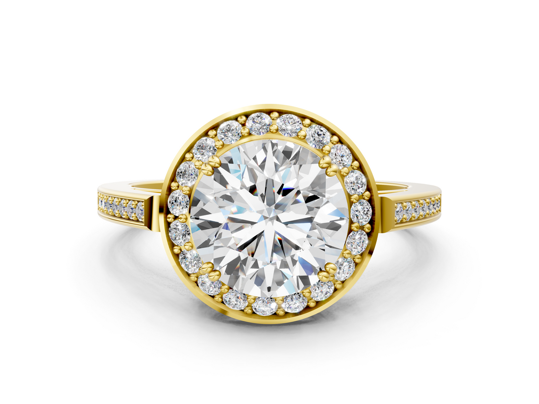 Yellow gold Round Halo Diamond Ring with Split Shank and Four-Prong Setting_123