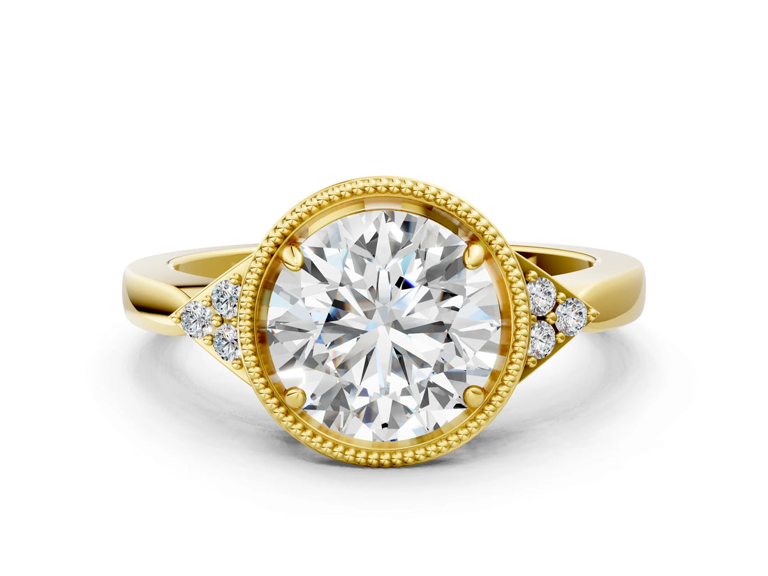 Yellow gold Round Halo Diamond Ring with Tapered Band and Four-Prong Setting_10