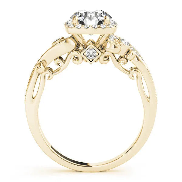 Yellow gold Round Halo Diamond Ring with Twisted Band and Four-Prong Setting