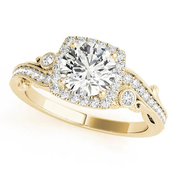 Yellow gold Round Halo Diamond Ring with Twisted Band and Four-Prong Setting