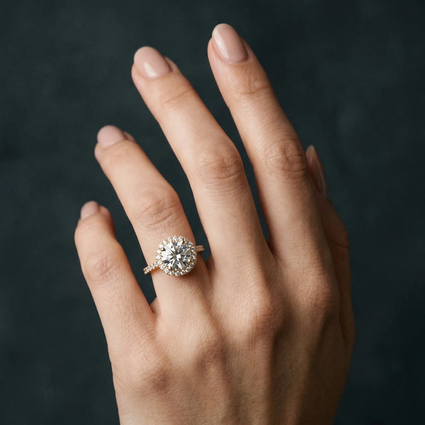 Yellow gold Round Halo Diamond Solitaire Ring with Round Band and Four-Prong Setting