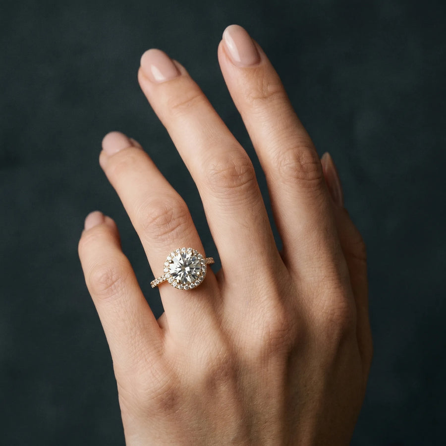 Yellow gold Round Halo Diamond Solitaire Ring with Round Band and Four-Prong Setting