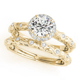 10K Yellow Gold 1.54 Carat E VVS2 Round Diamond Halo Ring with Filigree Band and Prong Setting