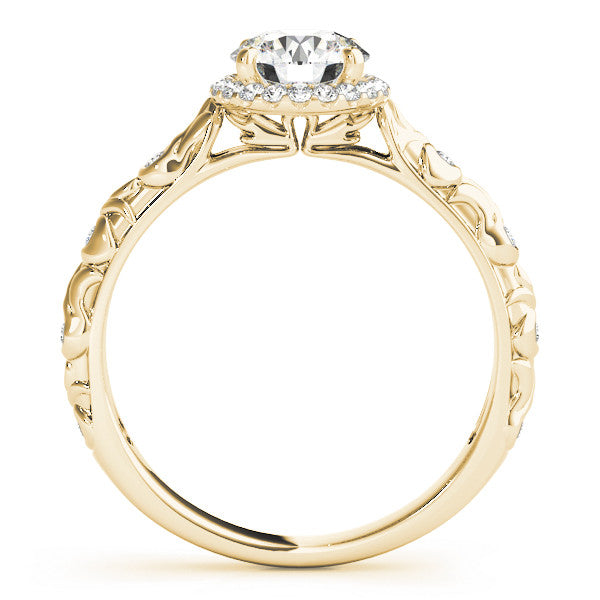 Yellow gold Round Halo Diamond Solitaire with Filigree Band and Four-Prong Setting 2