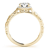 10K Yellow Gold 1.54 Carat E VVS2 Round Diamond Halo Ring with Filigree Band and Prong Setting
