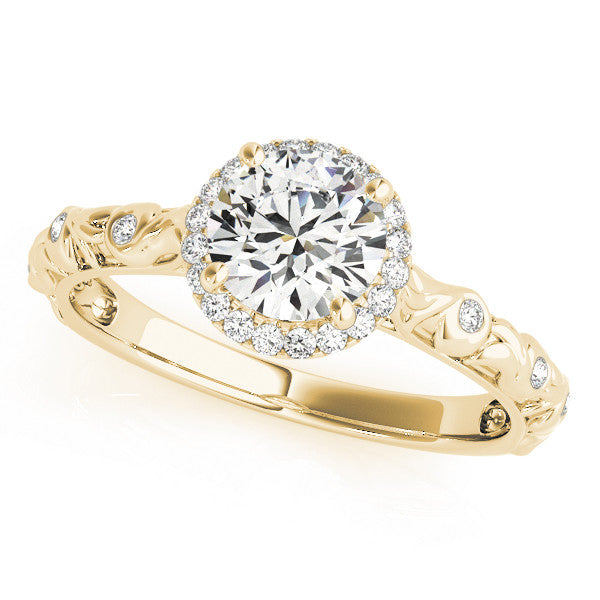 Yellow gold Round Halo Diamond Solitaire with Filigree Band and Four-Prong Setting