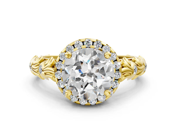 Yellow gold Round Halo Diamond Solitaire with Filigree Band and Four-Prong Setting
