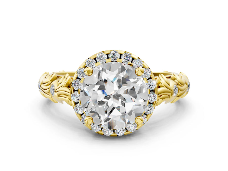 Yellow gold Round Halo Diamond Solitaire with Filigree Band and Four-Prong Setting