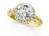 10K Yellow Gold 1.54 Carat E VVS2 Round Diamond Halo Ring with Filigree Band and Prong Setting