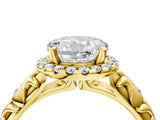 10K Yellow Gold 1.54 Carat E VVS2 Round Diamond Halo Ring with Filigree Band and Prong Setting