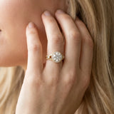 10K Yellow Gold 1.54 Carat E VVS2 Round Diamond Halo Ring with Filigree Band and Prong Setting