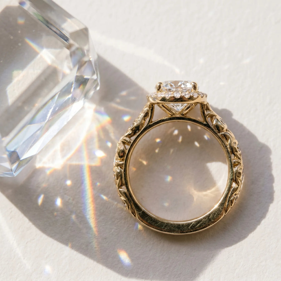 Yellow gold Round Halo Diamond Solitaire with Filigree Band and Four-Prong Setting
