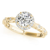 10K Yellow Gold 1.54 Carat E VVS2 Round Diamond Halo Ring with Filigree Band and Prong Setting
