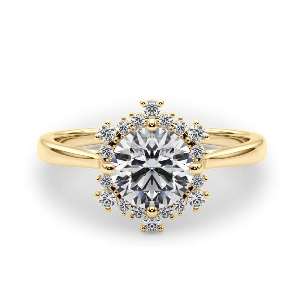 Yellow gold Round Halo Diamond Solitaire with Pavé Band and Four-Prong Setting 1