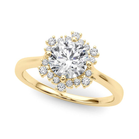 Yellow gold Round Halo Diamond Solitaire with Pavé Band and Four-Prong Setting