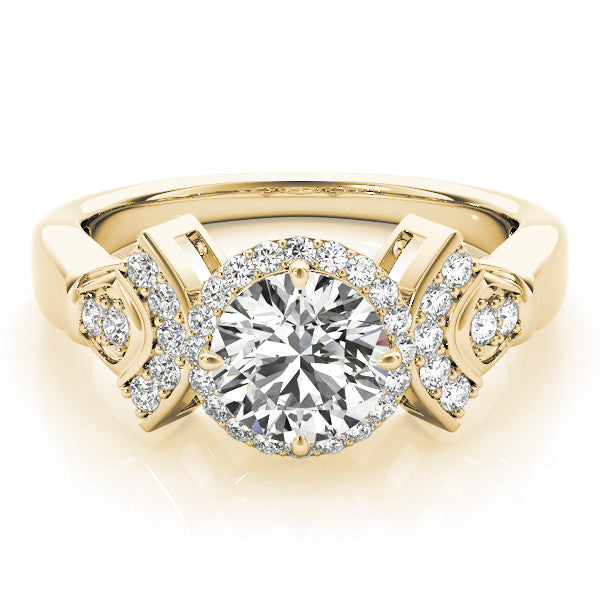 Yellow gold Round Halo Diamond Split Shank Engagement Ring with Four-Prong Setting 1
