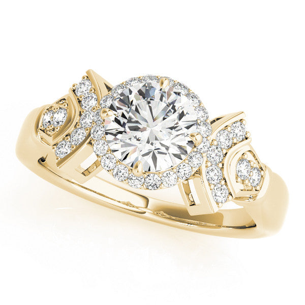 Yellow gold Round Halo Diamond Split Shank Engagement Ring with Four-Prong Setting