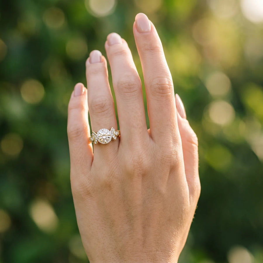 Yellow gold Round Halo Diamond Split Shank Engagement Ring with Four-Prong Setting