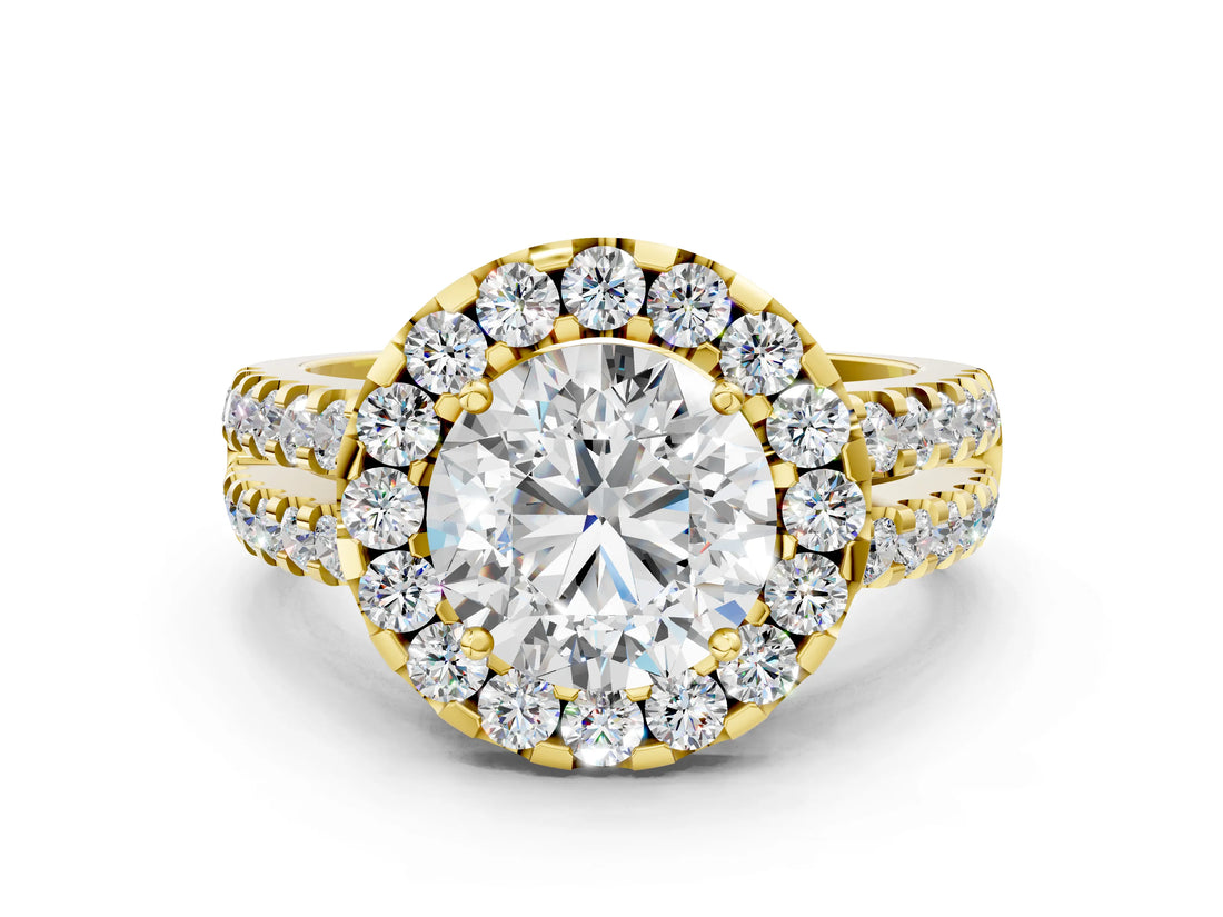 Yellow gold Round Halo Diamond Split Shank Engagement Ring with Prong Setting_79