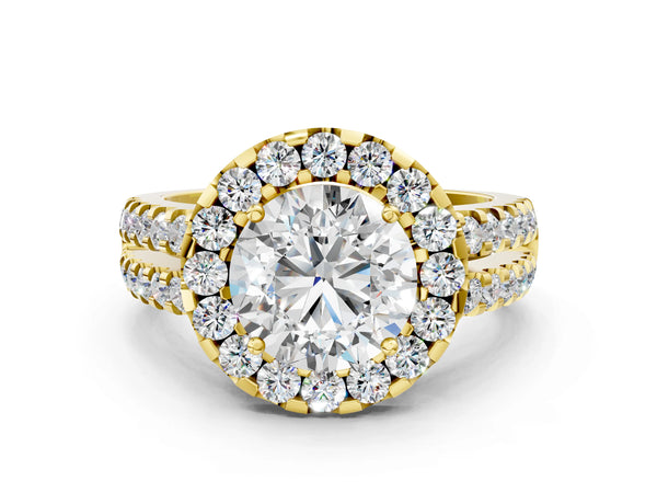 Yellow gold Round Halo Diamond Split Shank Engagement Ring with Prong Setting